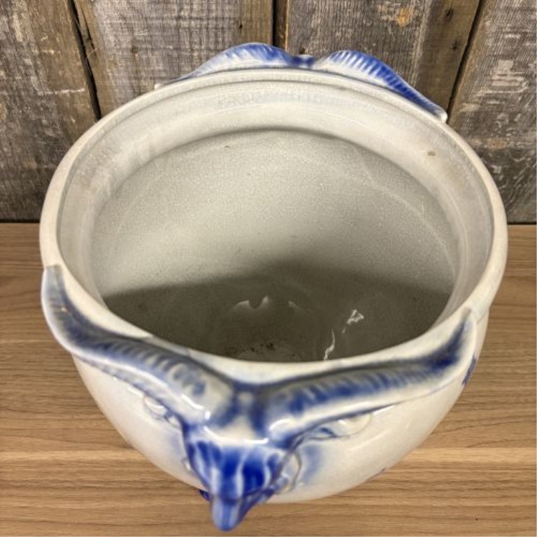 Large Flow Blue Earthenware Tripod Jardiniere with Ram Head Handles