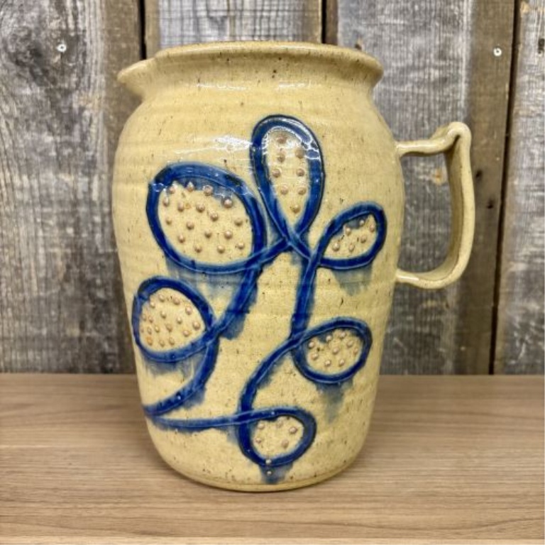 Contemporary Salt-Glazed Stoneware Pitcher with Cobalt Foliate Decoration