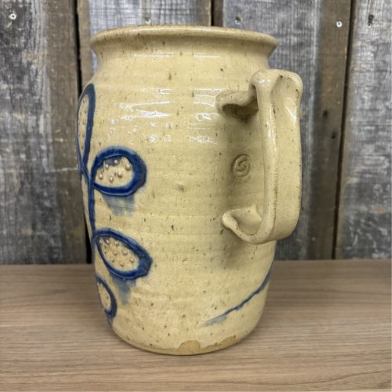 Contemporary Salt-Glazed Stoneware Pitcher with Cobalt Foliate Decoration