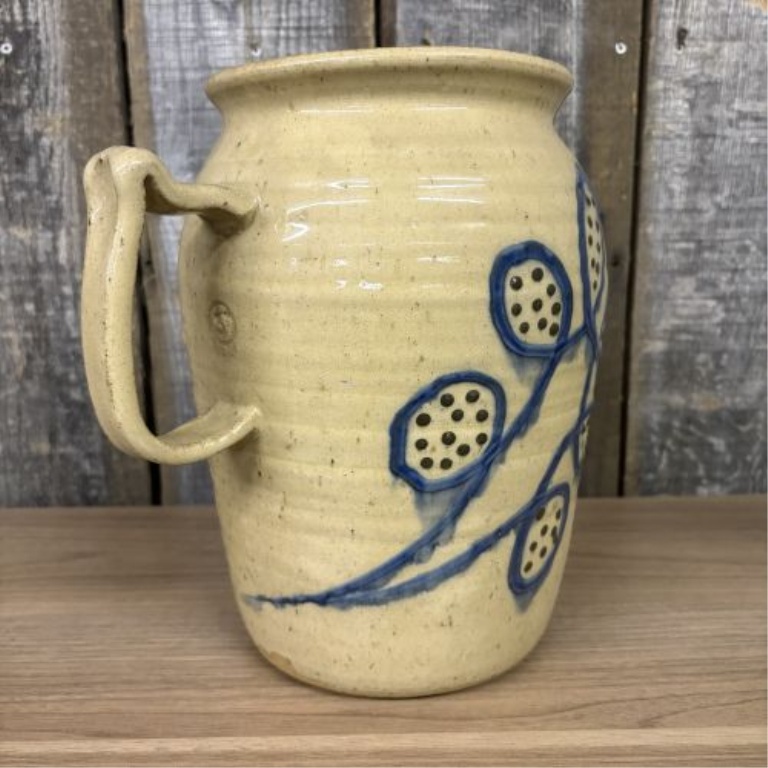 Contemporary Salt-Glazed Stoneware Pitcher with Cobalt Foliate Decoration