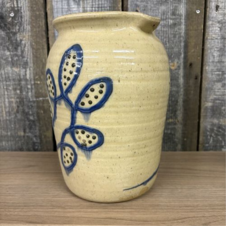 Contemporary Salt-Glazed Stoneware Pitcher with Cobalt Foliate Decoration