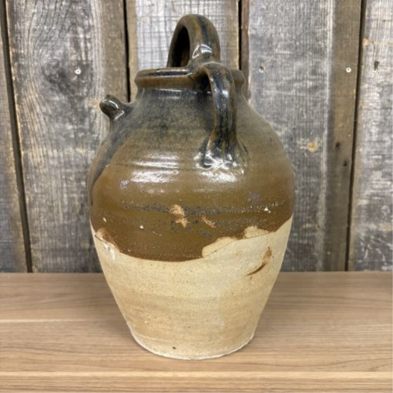 19th Century French Three-Handle Glazed Stoneware Oil Jug