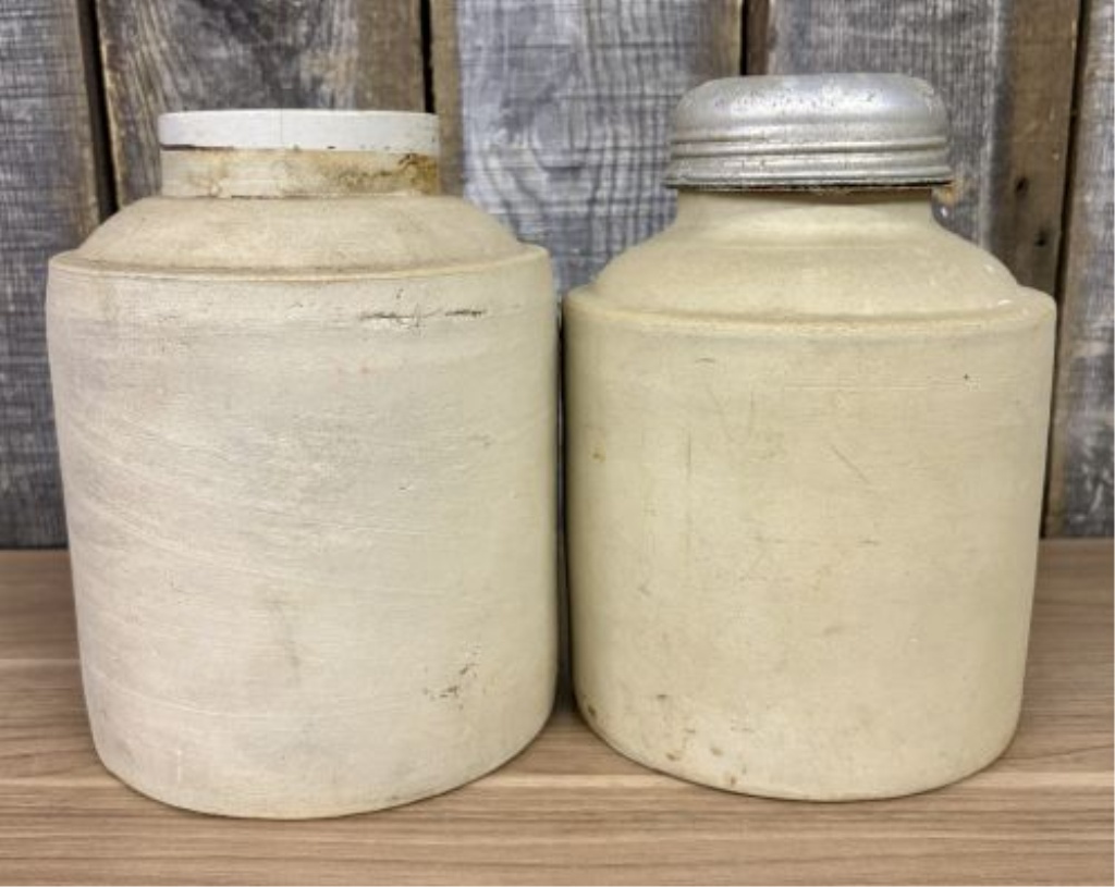 A Pair of One Gallon Stoneware Canning Jars with Metal Lid