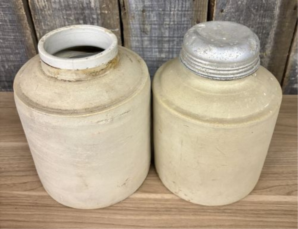 A Pair of One Gallon Stoneware Canning Jars with Metal Lid