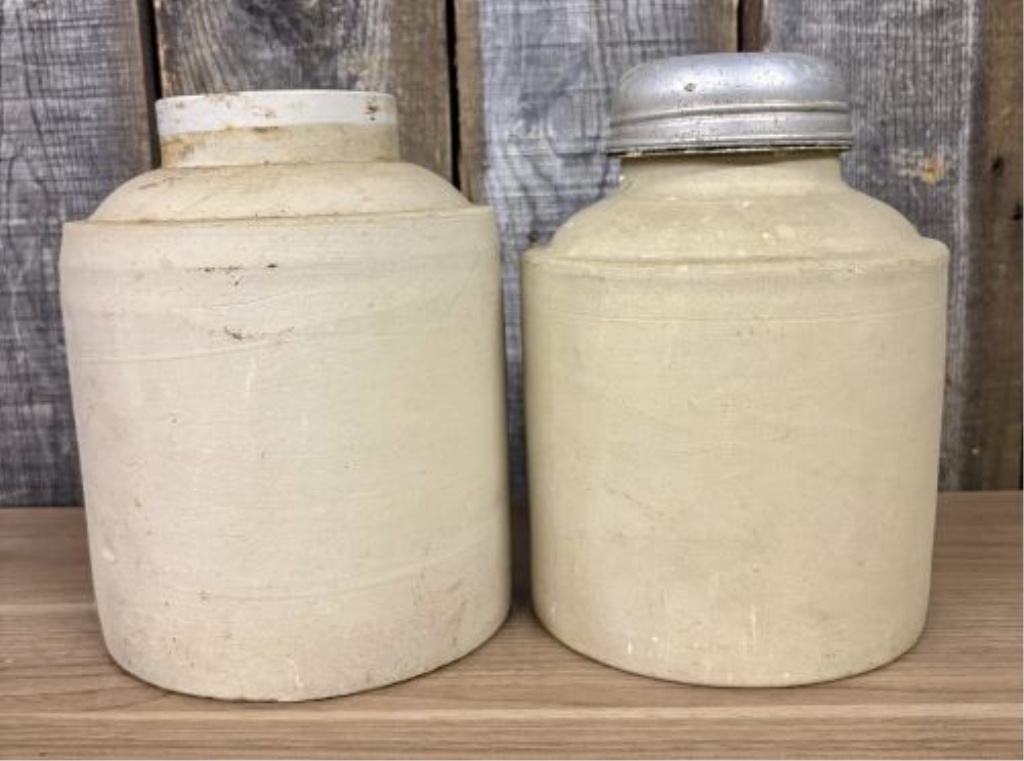 A Pair of One Gallon Stoneware Canning Jars with Metal Lid