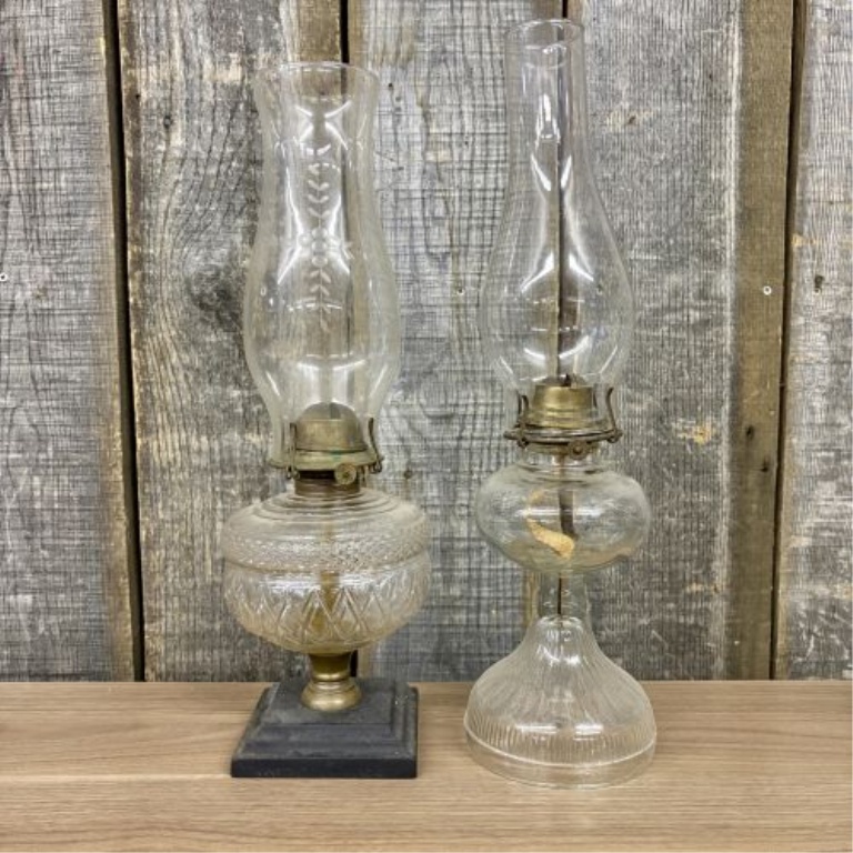 Two Antique Glass Kerosene Oil Lamps Including One with Cast Iron Base