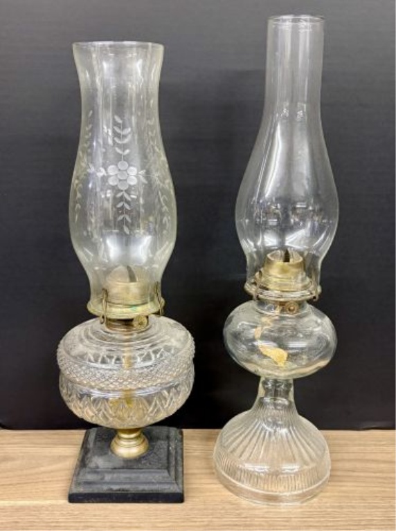 Two Antique Glass Kerosene Oil Lamps Including One with Cast Iron Base