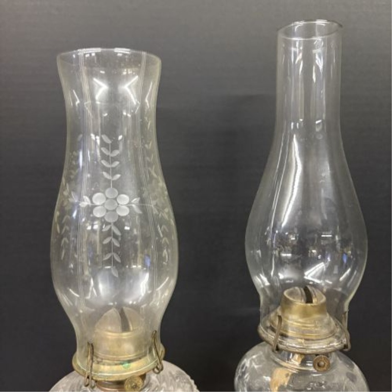 Two Antique Glass Kerosene Oil Lamps Including One with Cast Iron Base