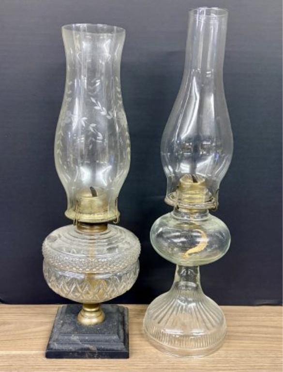 Two Antique Glass Kerosene Oil Lamps Including One with Cast Iron Base