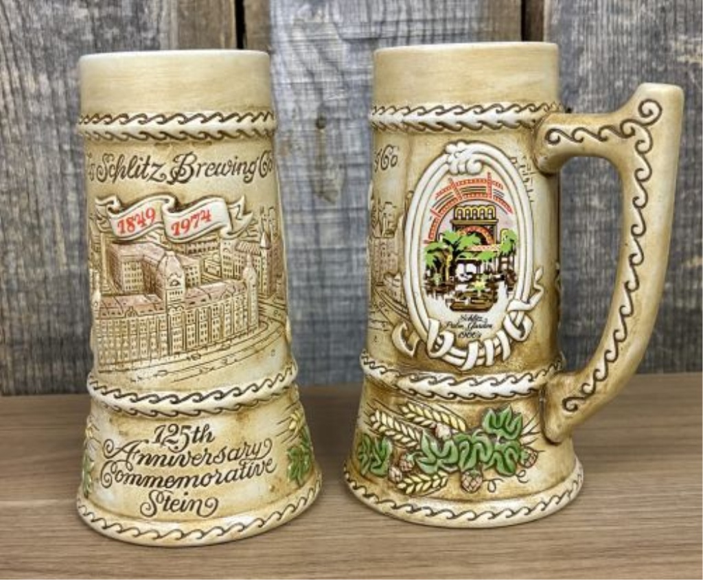 A Pair of Jos. Schlitz Brewing Co. 125th Anniversary Commemorative Steins by Ceramarte