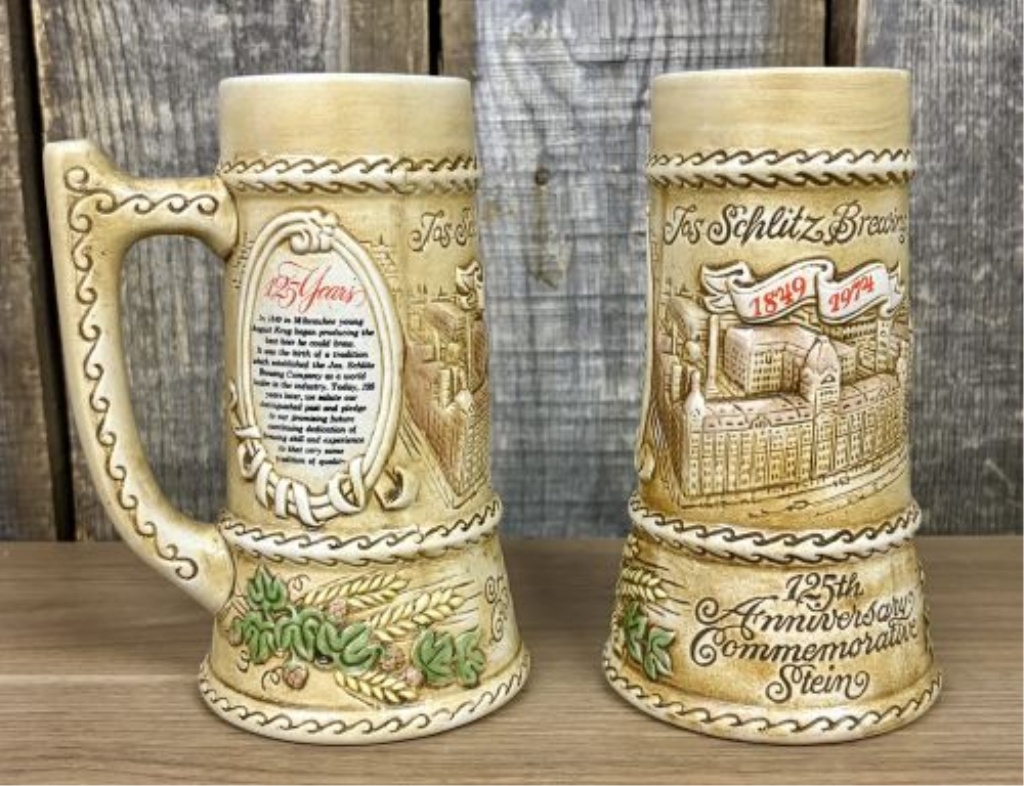 A Pair of Jos. Schlitz Brewing Co. 125th Anniversary Commemorative Steins by Ceramarte