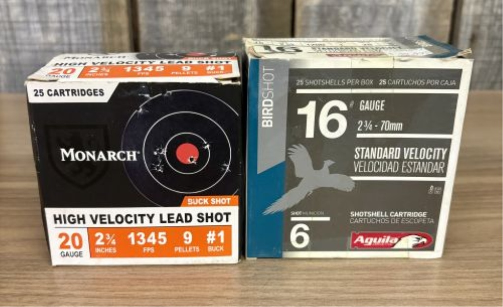 A Lot of Two Boxes of Monarch and Aguila Shotgun Ammunition 20 Gauge and 16 Gauge