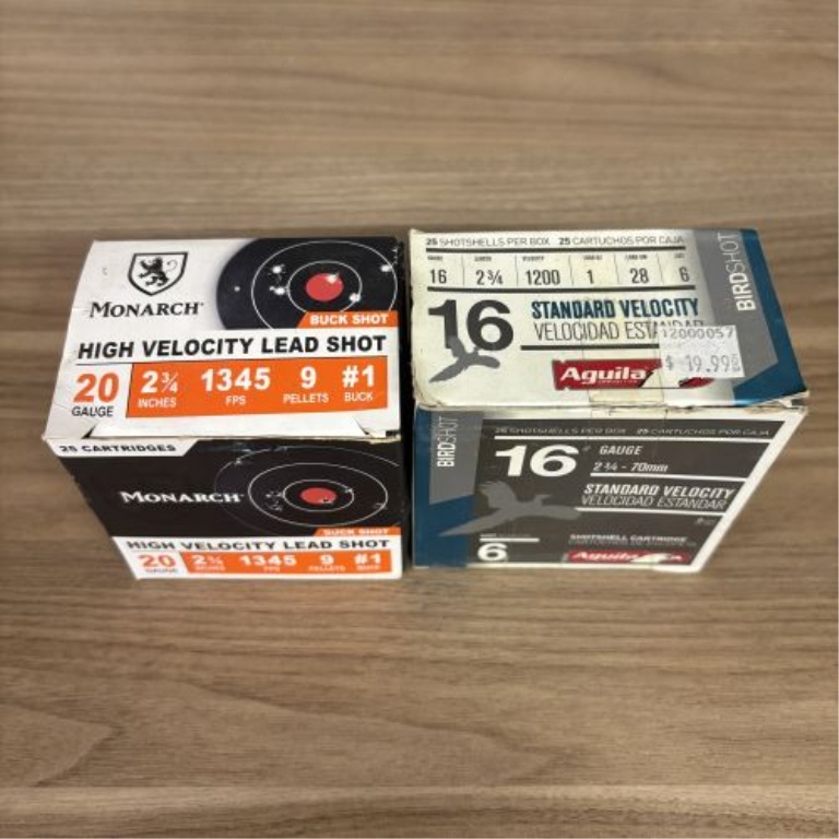 A Lot of Two Boxes of Monarch and Aguila Shotgun Ammunition 20 Gauge and 16 Gauge