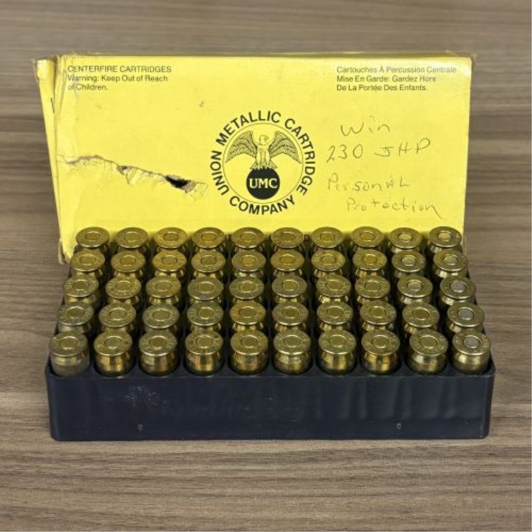 A Lot of 50 .45 Auto Centerfire Cartridges in a Union Metallic Cartridge Company Box