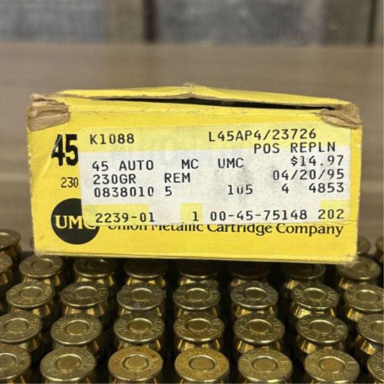 A Lot of 50 .45 Auto Centerfire Cartridges in a Union Metallic Cartridge Company Box