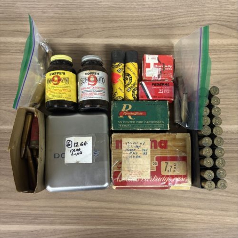 A Lot of 14 Items Including Vintage Ammunition, Reloading Components, and Gun Cleaning Supplies