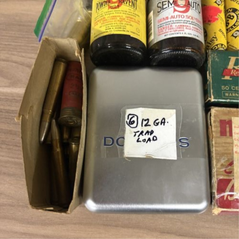 A Lot of 14 Items Including Vintage Ammunition, Reloading Components, and Gun Cleaning Supplies