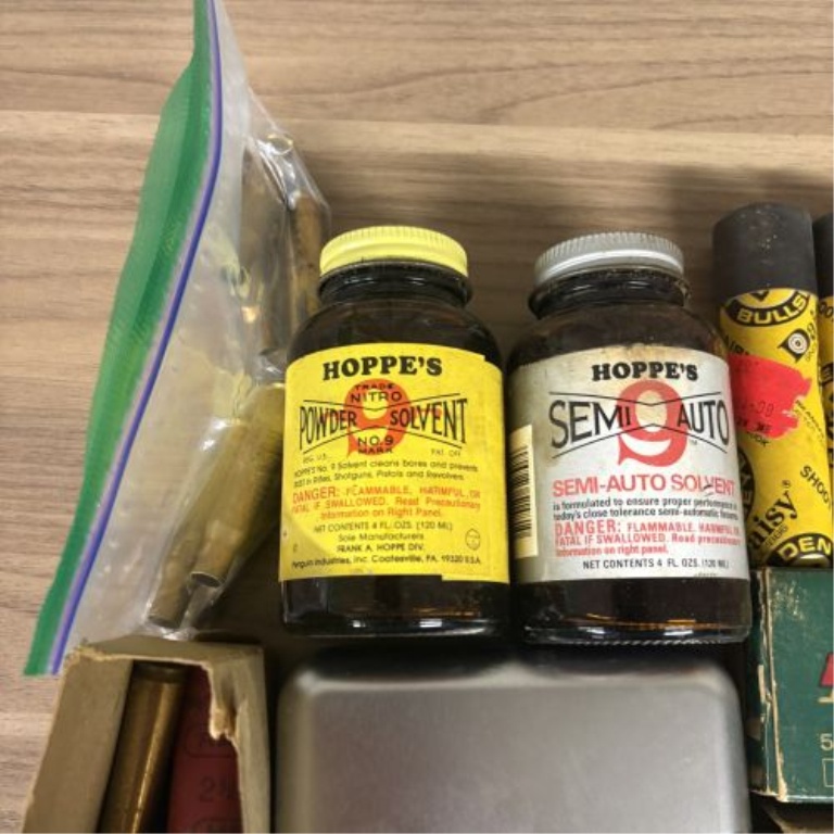 A Lot of 14 Items Including Vintage Ammunition, Reloading Components, and Gun Cleaning Supplies