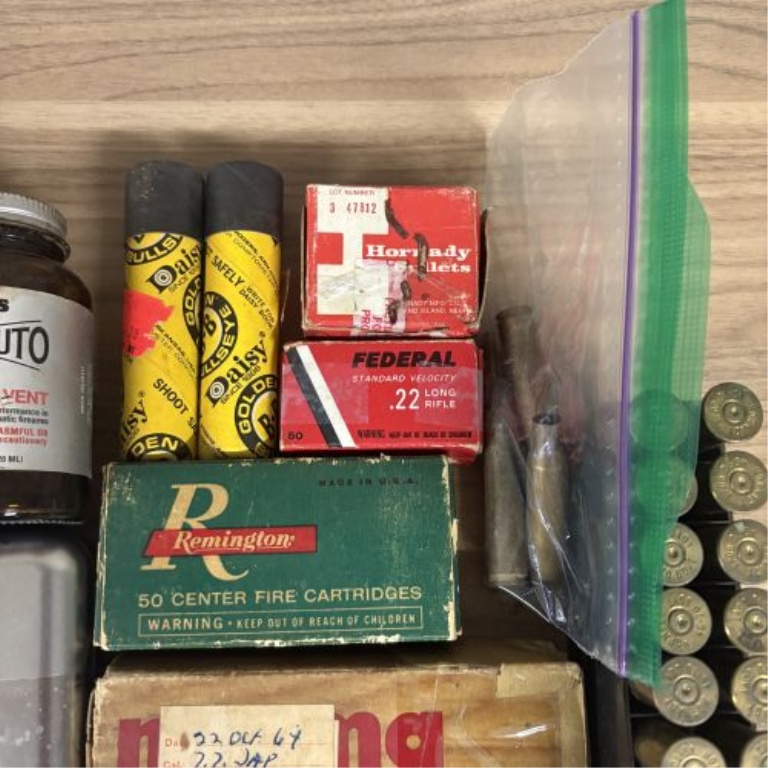 A Lot of 14 Items Including Vintage Ammunition, Reloading Components, and Gun Cleaning Supplies