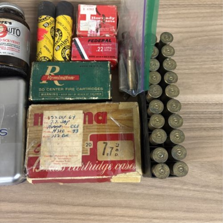 A Lot of 14 Items Including Vintage Ammunition, Reloading Components, and Gun Cleaning Supplies
