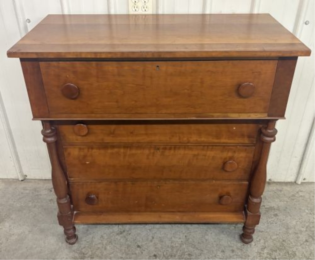 American Empire Cherry and Curly Maple Four-Drawer Chest