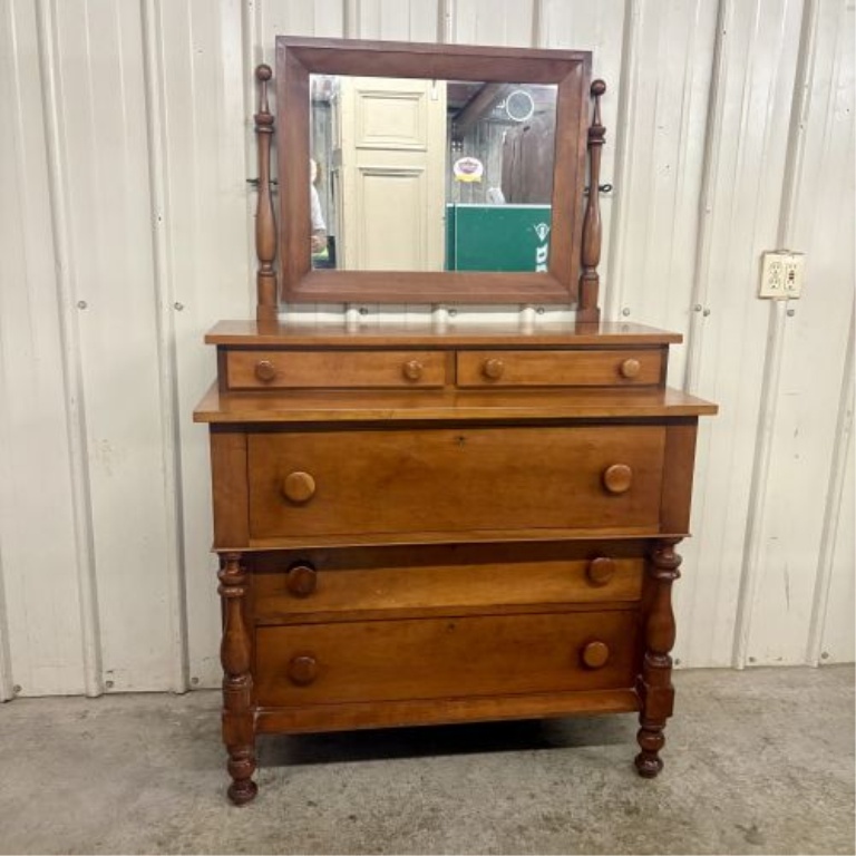 American Empire Style Cherry Chest of Drawers with Attached Tilting Mirror