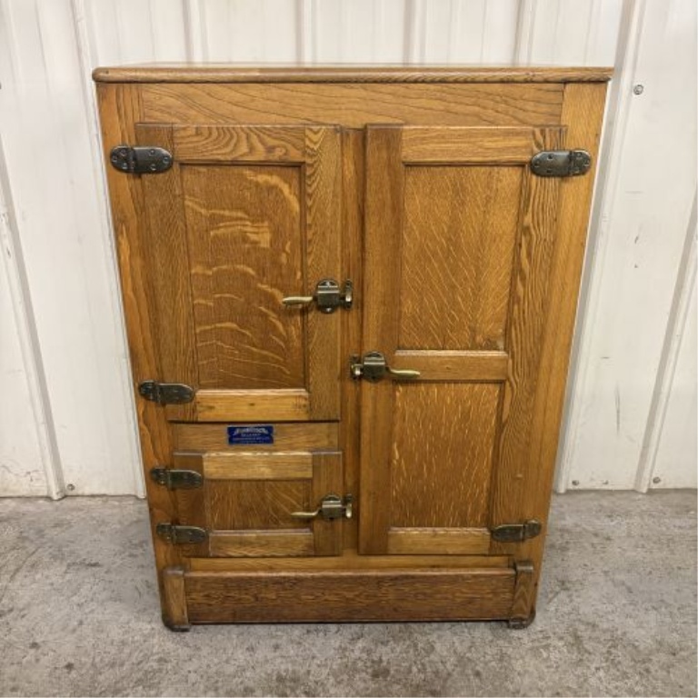 Antique Belknap Blue Ribbon Quartersawn Oak Three-Door Icebox