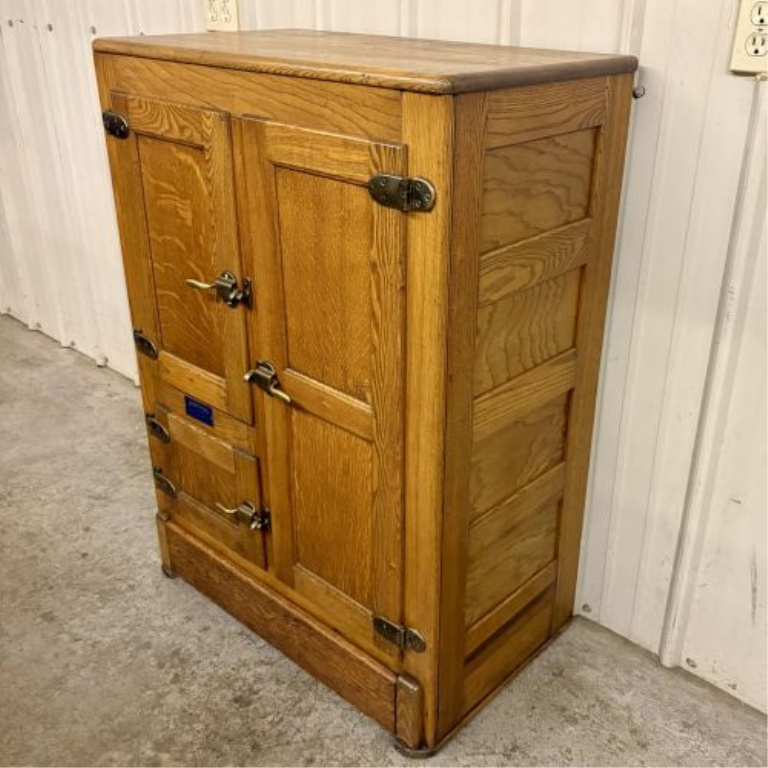 Antique Belknap Blue Ribbon Quartersawn Oak Three-Door Icebox
