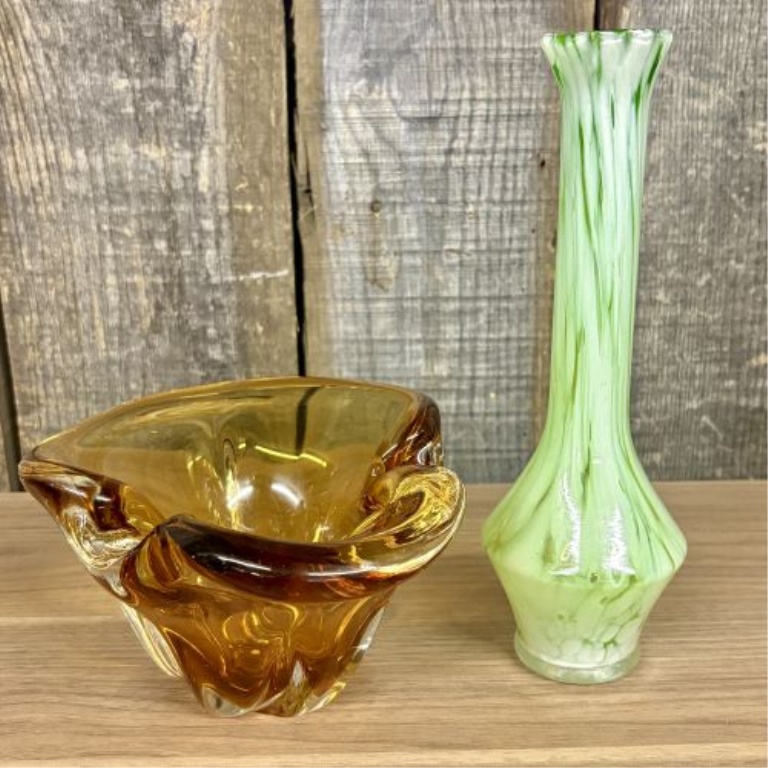 Two Pieces of Vintage Art Glass Including a Freeform Amber Bowl and a Green Slag Glass Bud Vase