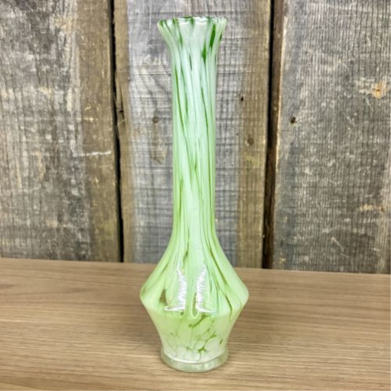 Two Pieces of Vintage Art Glass Including a Freeform Amber Bowl and a Green Slag Glass Bud Vase