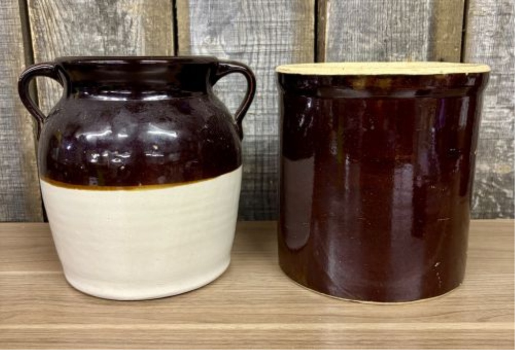 Two American Utilitarian Stoneware Crocks Including a Two-Tone Bean Pot and Cylindrical Crock