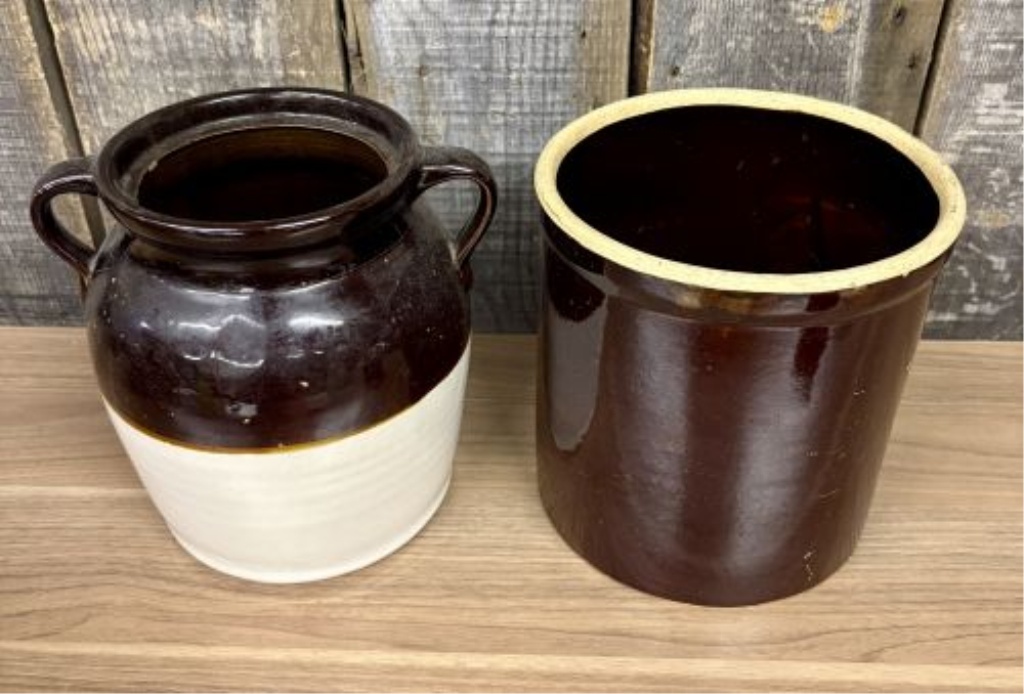 Two American Utilitarian Stoneware Crocks Including a Two-Tone Bean Pot and Cylindrical Crock