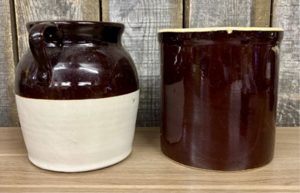 Two American Utilitarian Stoneware Crocks Including a Two-Tone Bean Pot and Cylindrical Crock