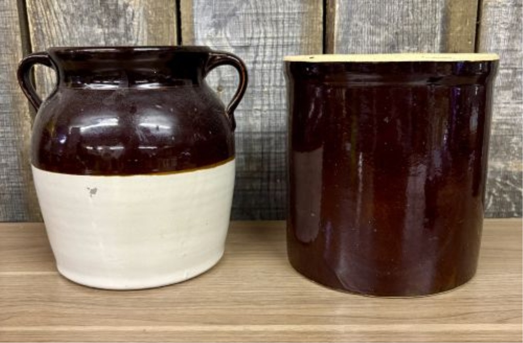 Two American Utilitarian Stoneware Crocks Including a Two-Tone Bean Pot and Cylindrical Crock