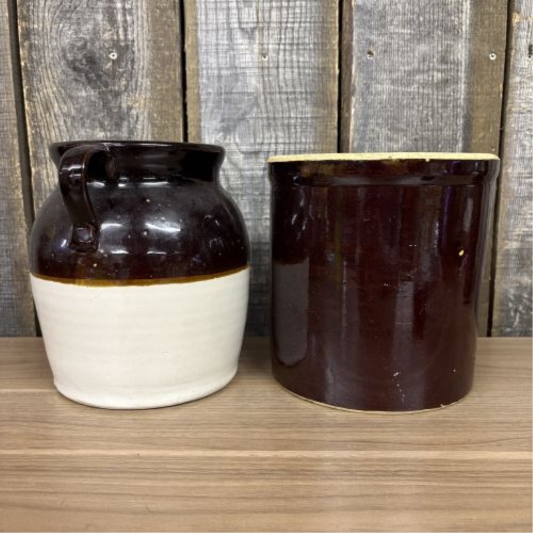 Two American Utilitarian Stoneware Crocks Including a Two-Tone Bean Pot and Cylindrical Crock