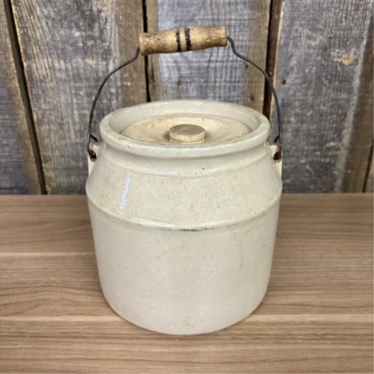 Antique Stoneware Utility Jar with Lid and Wire Bail Handle, Patent Dated 1896
