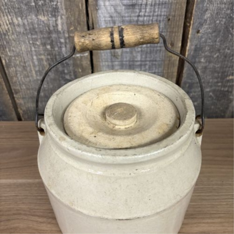 Antique Stoneware Utility Jar with Lid and Wire Bail Handle, Patent Dated 1896