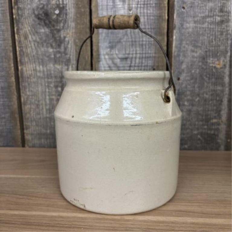 Antique Stoneware Utility Jar with Lid and Wire Bail Handle, Patent Dated 1896