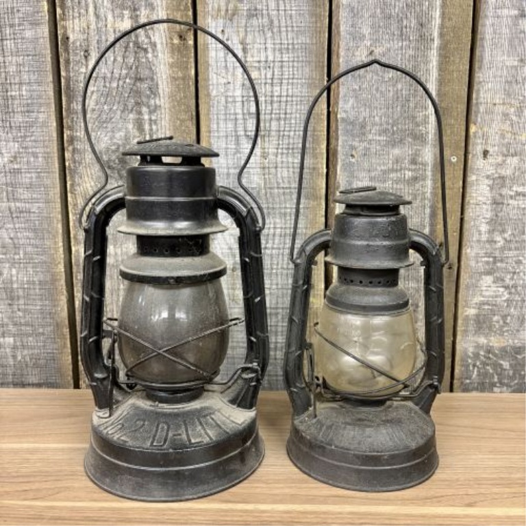 A Pair of Vintage Dietz No. 2 D-Lite and Little Wizard Kerosene Lanterns