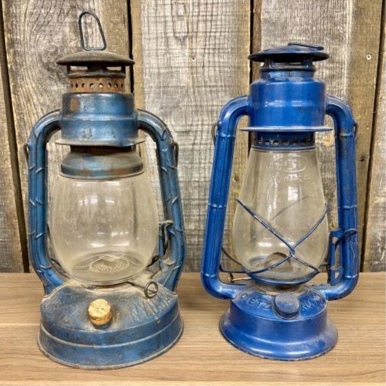 A Pair of Vintage Dietz Blue Kerosene Hurricane Lanterns Including Little Wizard and No. 20 Junior Models