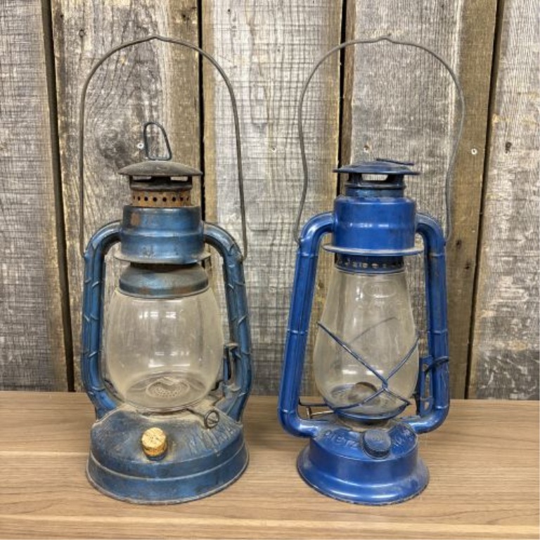 A Pair of Vintage Dietz Blue Kerosene Hurricane Lanterns Including Little Wizard and No. 20 Junior Models