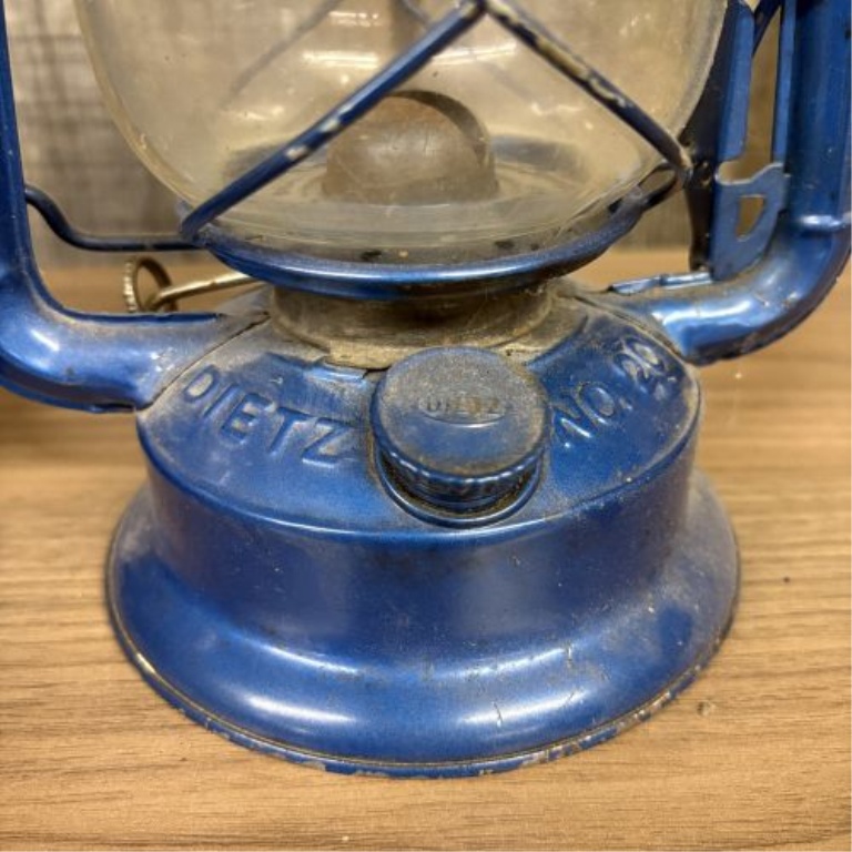A Pair of Vintage Dietz Blue Kerosene Hurricane Lanterns Including Little Wizard and No. 20 Junior Models