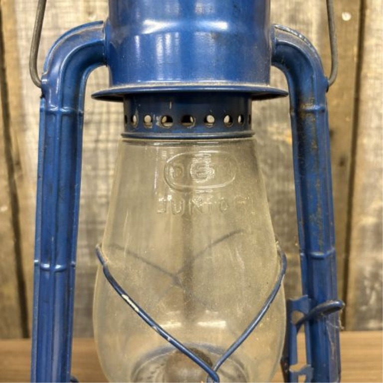 A Pair of Vintage Dietz Blue Kerosene Hurricane Lanterns Including Little Wizard and No. 20 Junior Models