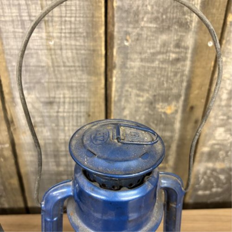 A Pair of Vintage Dietz Blue Kerosene Hurricane Lanterns Including Little Wizard and No. 20 Junior Models