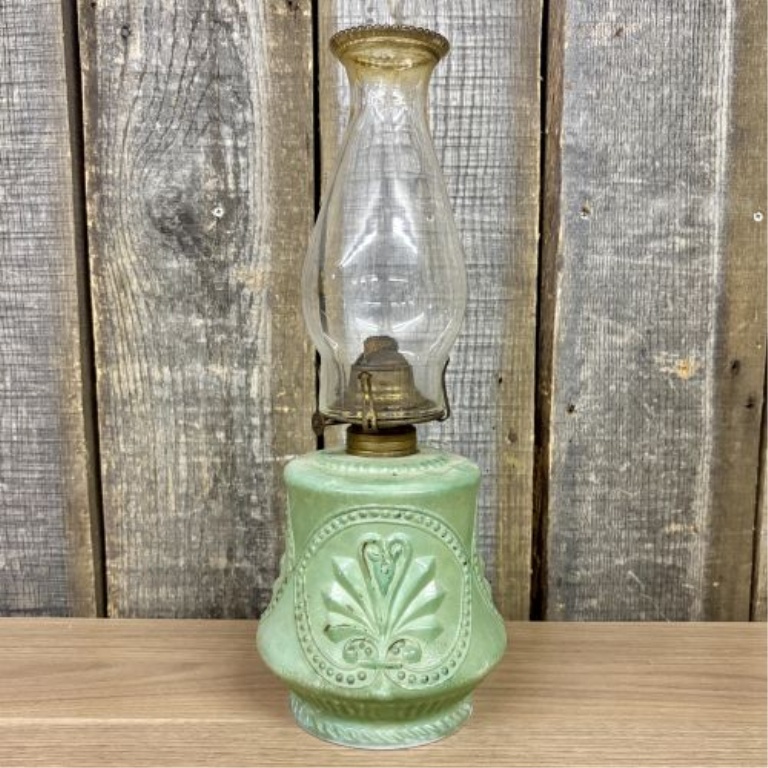 Plume and Atwood Opaque Green Pressed Glass Kerosene Oil Lamp