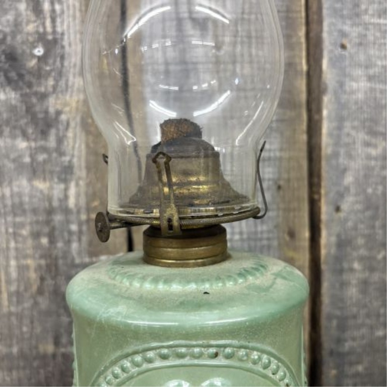 Plume and Atwood Opaque Green Pressed Glass Kerosene Oil Lamp