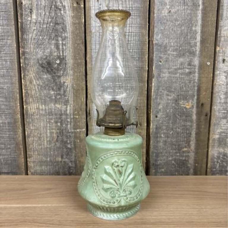 Plume and Atwood Opaque Green Pressed Glass Kerosene Oil Lamp