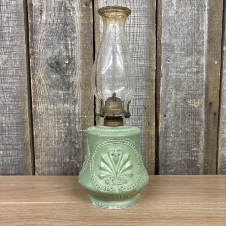 Plume and Atwood Opaque Green Pressed Glass Kerosene Oil Lamp