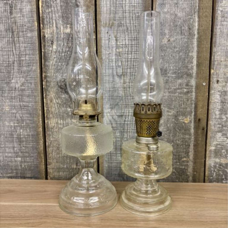 A Pair of American Vintage Pressed Glass Oil Lamps including Plume and Atwood