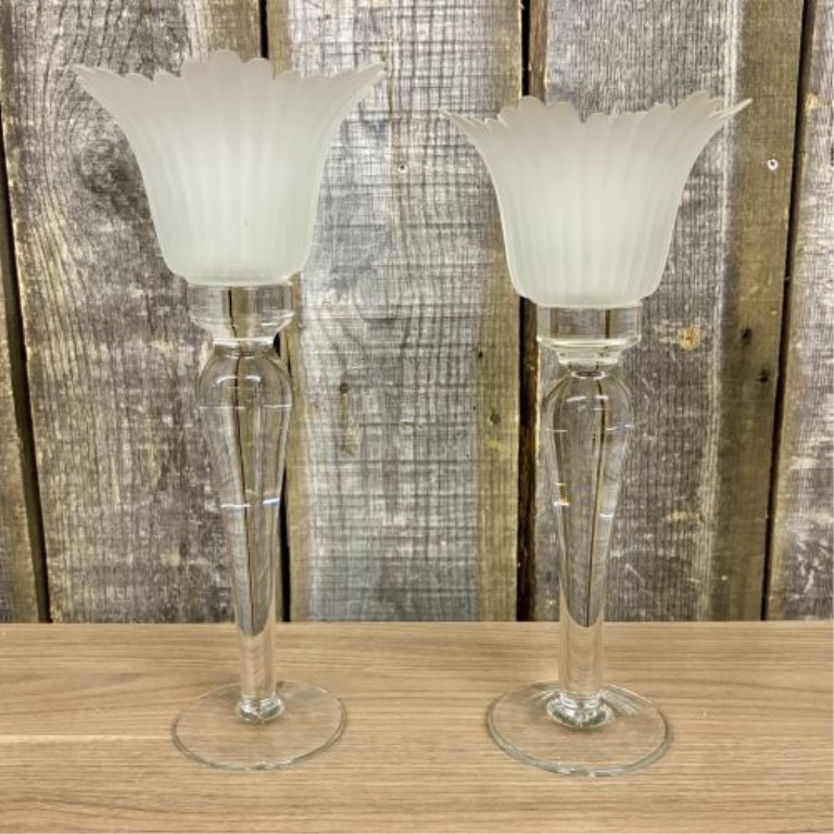 A Pair of Tall Clear and Frosted Glass Tulip Shape Candle Holders